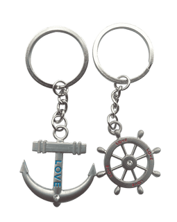 4EVER Romantic Stainless Alloy Metal Silver Nautical Steering Wheel Anchor & Love Boat Rudder Helm Couple Keychain